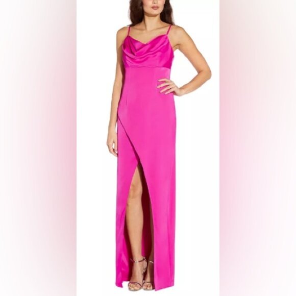 Aidan by Aidan Mattox Women's Pink Cowl-Neck Front-Slit Sleeveless Gown, Size 14 - Picture 1 of 9